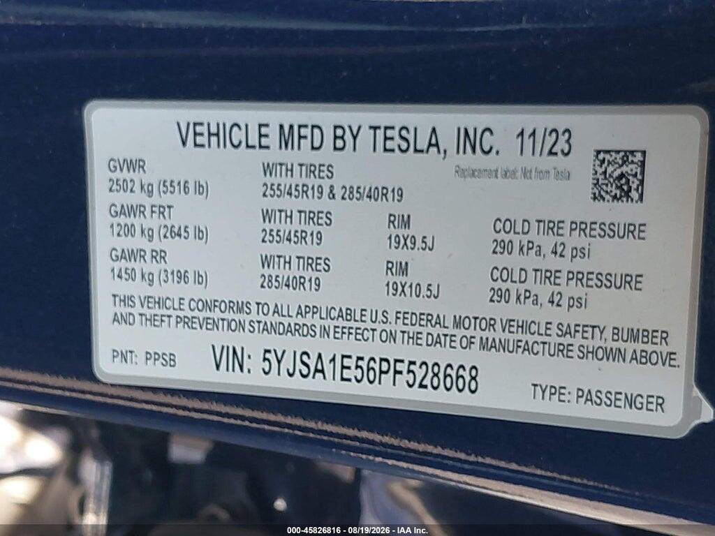5YJSA1E56PF528668 2023 TESLA MODEL S photo no. 9