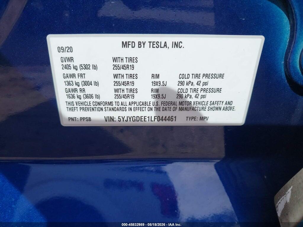 5YJYGDEE1LF044461 2020 TESLA MODEL Y photo no. 9