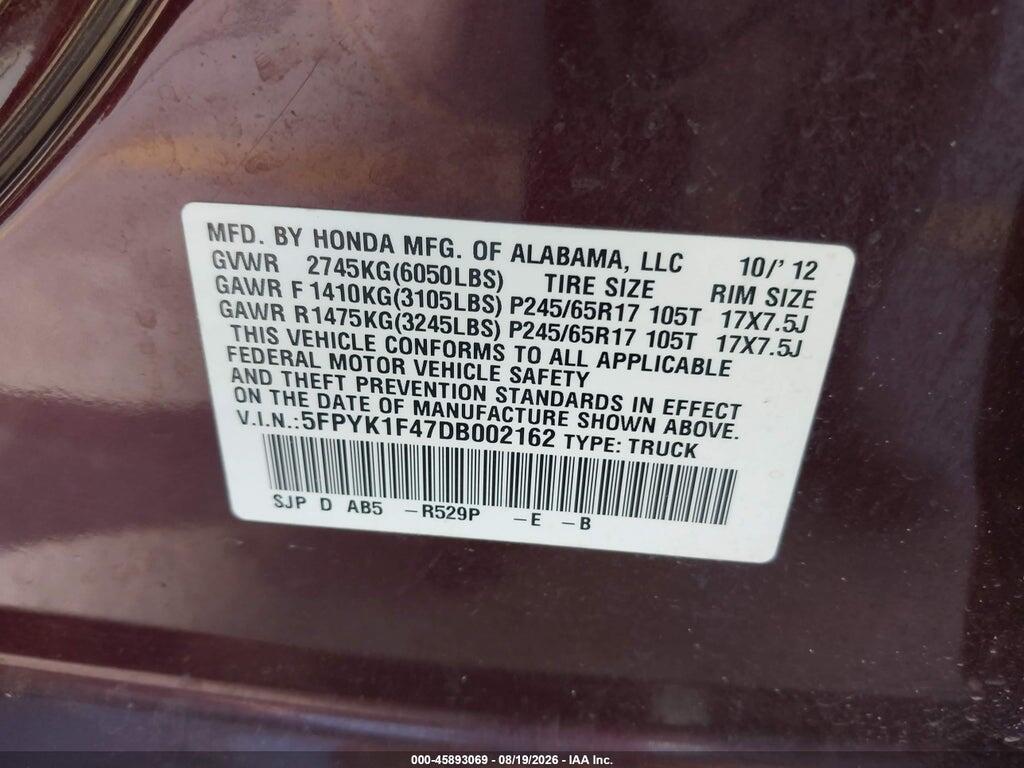 5FPYK1F47DB002162 2013 HONDA RIDGELINE photo no. 9