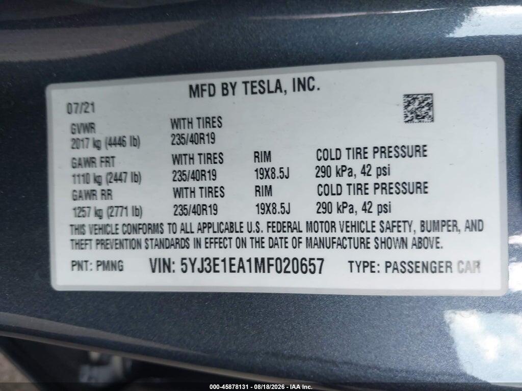 5YJ3E1EA1MF020657 2021 TESLA MODEL 3 photo no. 9