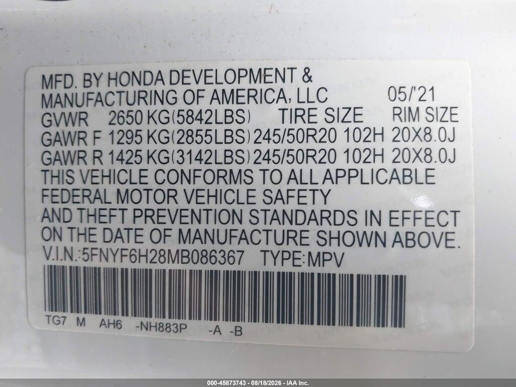 5FNYF6H28MB086367 2021 HONDA PILOT photo no. 9
