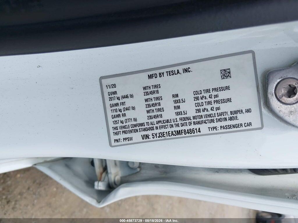 5YJ3E1EA3MF848614 2021 TESLA MODEL 3 photo no. 9