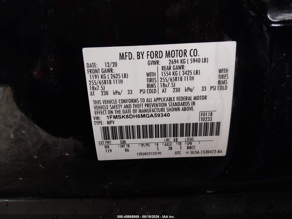 1FMSK8DH6MGA59340 2021 FORD EXPLORER photo no. 9