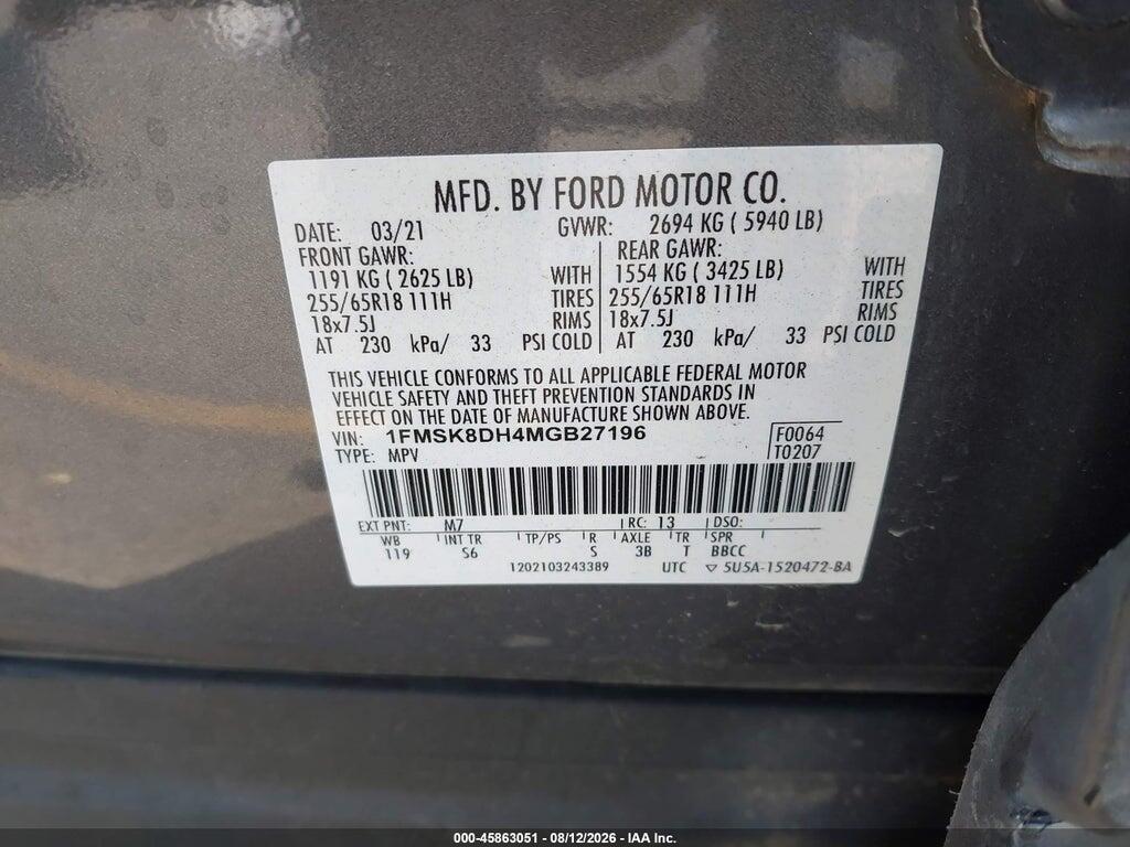 1FMSK8DH4MGB27196 2021 FORD EXPLORER photo no. 9