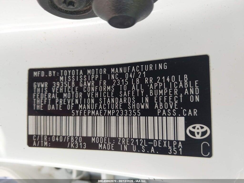 5YFEPMAE7MP233355 2021 TOYOTA COROLLA photo no. 9