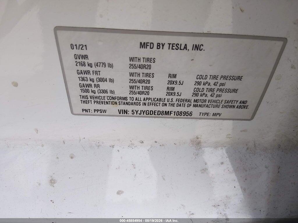 5YJYGDED8MF108956 2021 TESLA MODEL Y photo no. 9