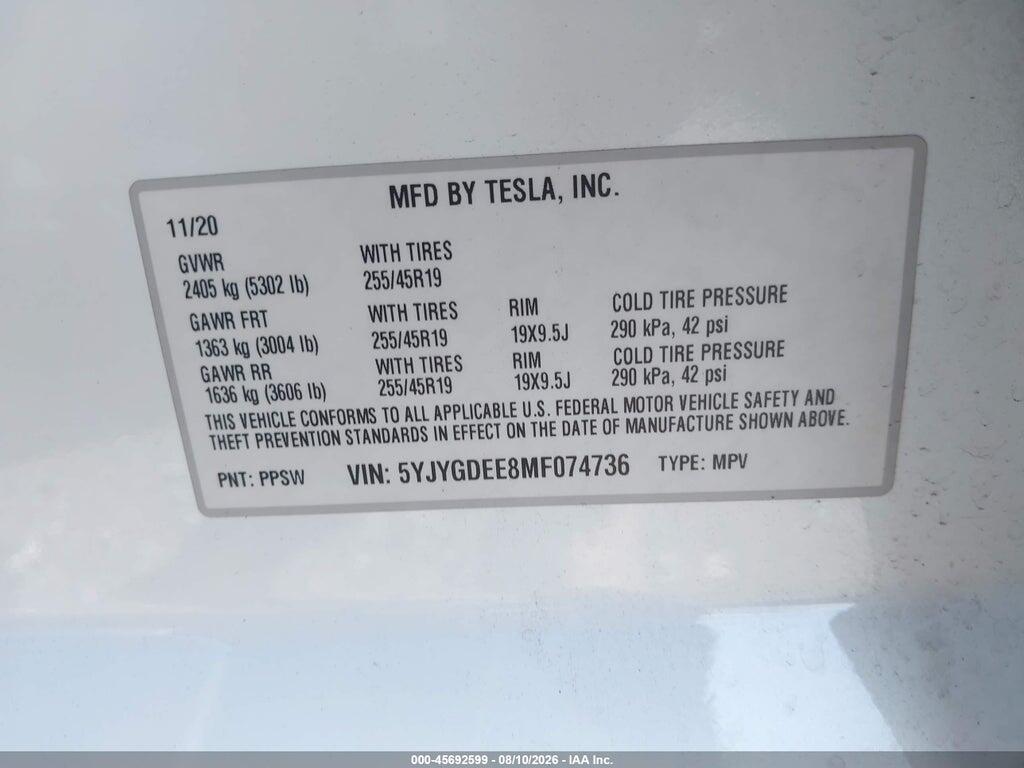 5YJYGDEE8MF074736 2021 TESLA MODEL Y photo no. 9