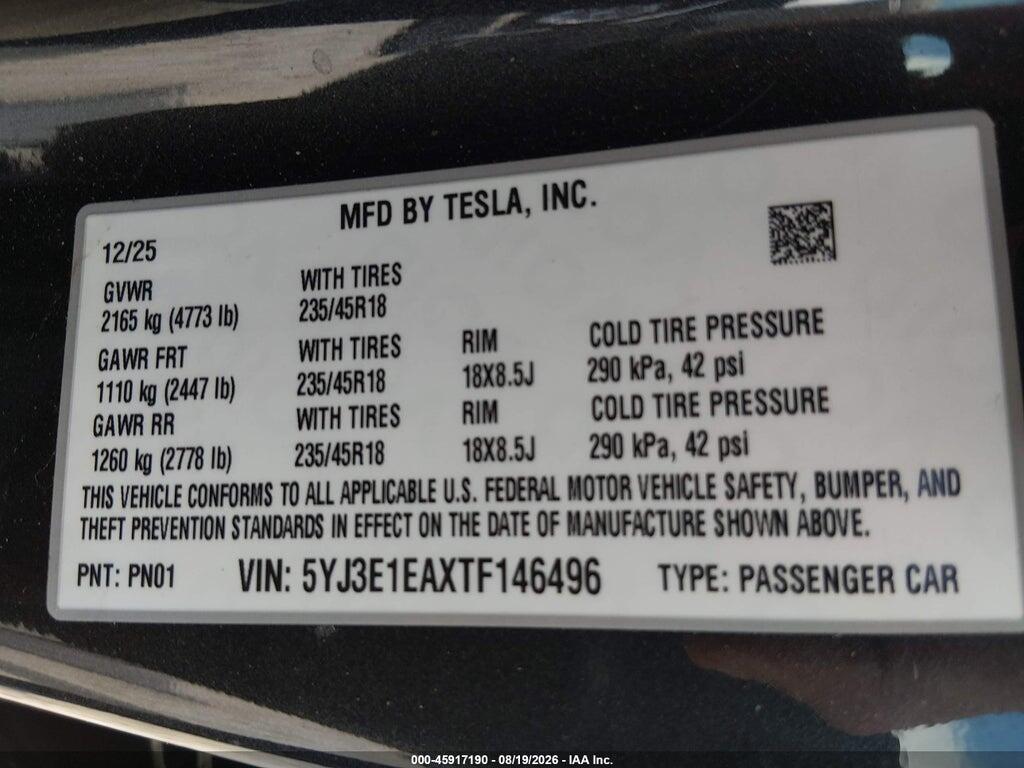 5YJ3E1EAXTF146496 2026 TESLA MODEL 3 photo no. 9