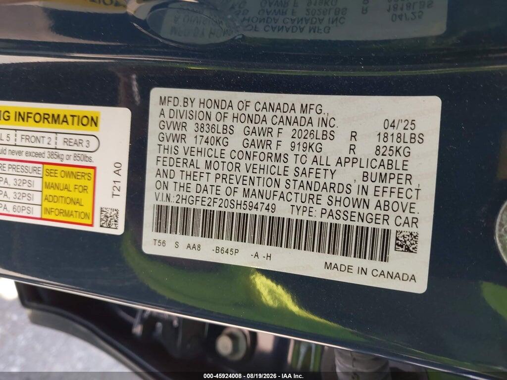 2HGFE2F20SH594749 2025 HONDA CIVIC photo no. 9