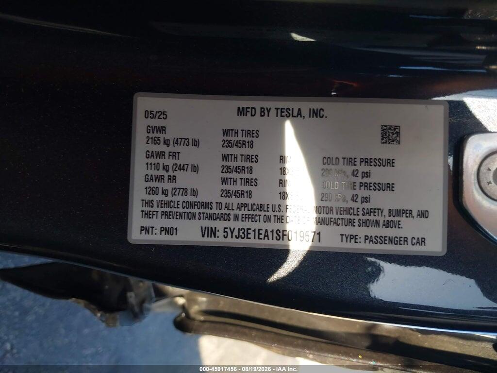 5YJ3E1EA1SF019571 2025 TESLA MODEL 3 photo no. 9