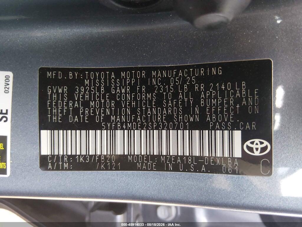 5YFB4MDE2SP320701 2025 TOYOTA COROLLA photo no. 9