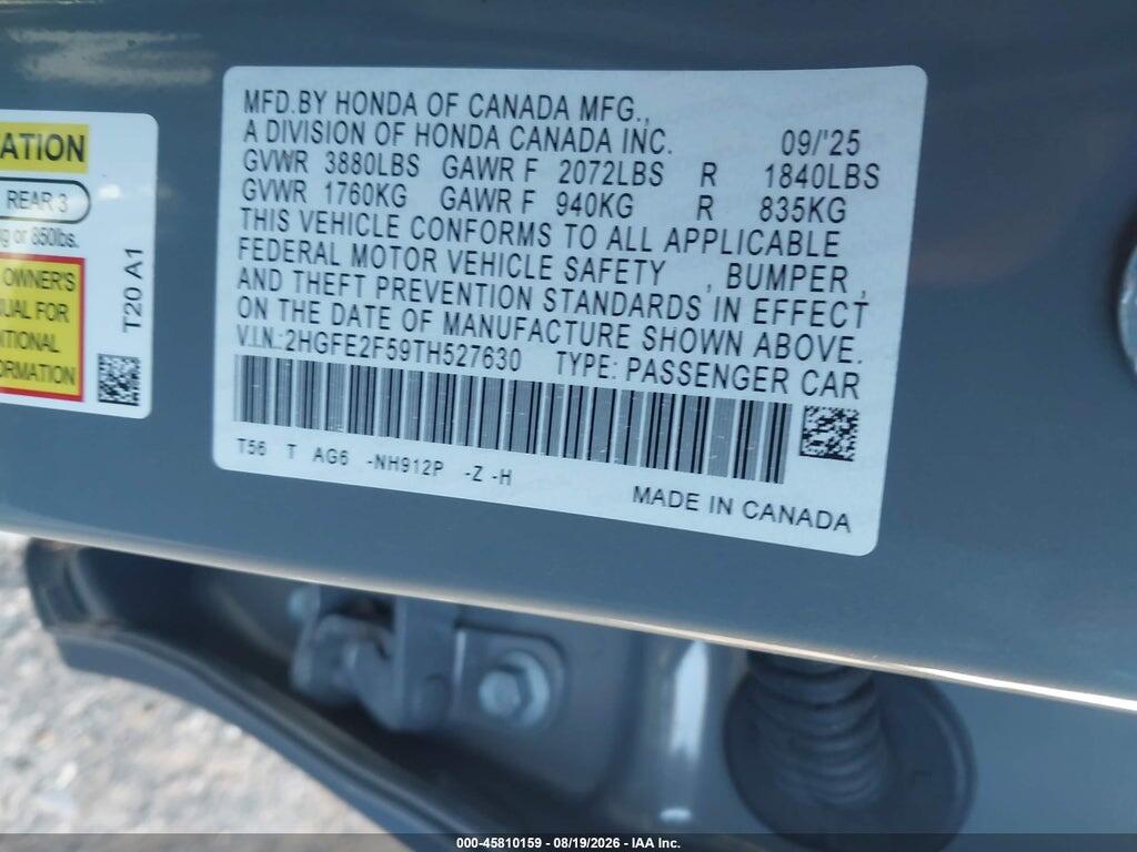 2HGFE2F59TH527630 2026 HONDA CIVIC photo no. 9