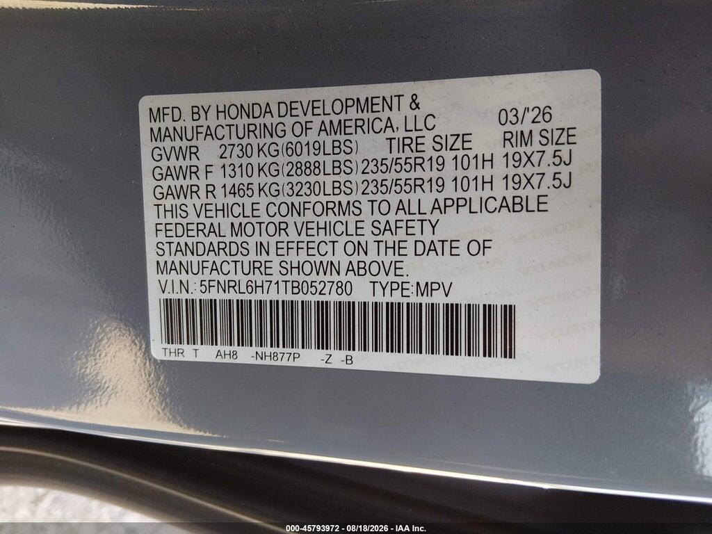 5FNRL6H71TB052780 2026 HONDA ODYSSEY photo no. 9