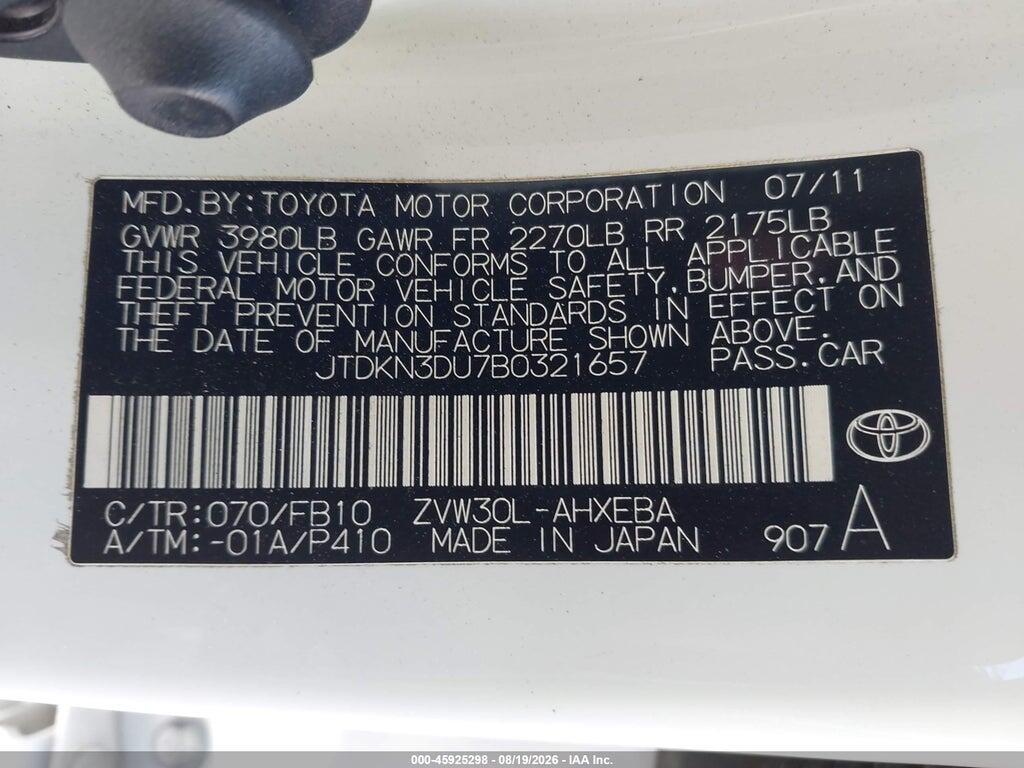 JTDKN3DU7B0321657 2011 TOYOTA PRIUS photo no. 9