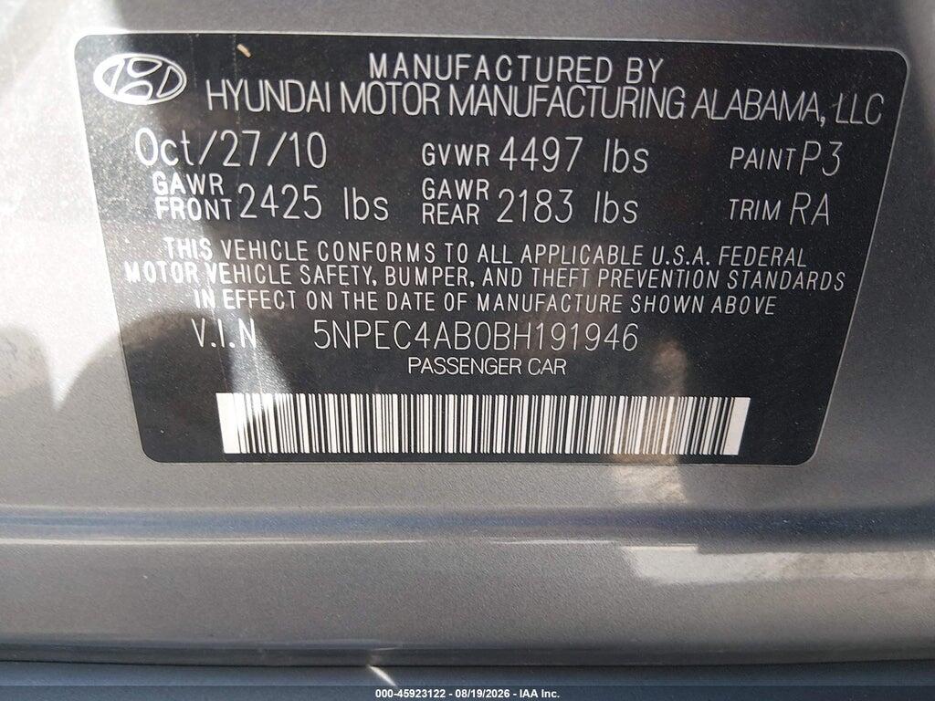 5NPEC4AB0BH191946 2011 HYUNDAI SONATA photo no. 9