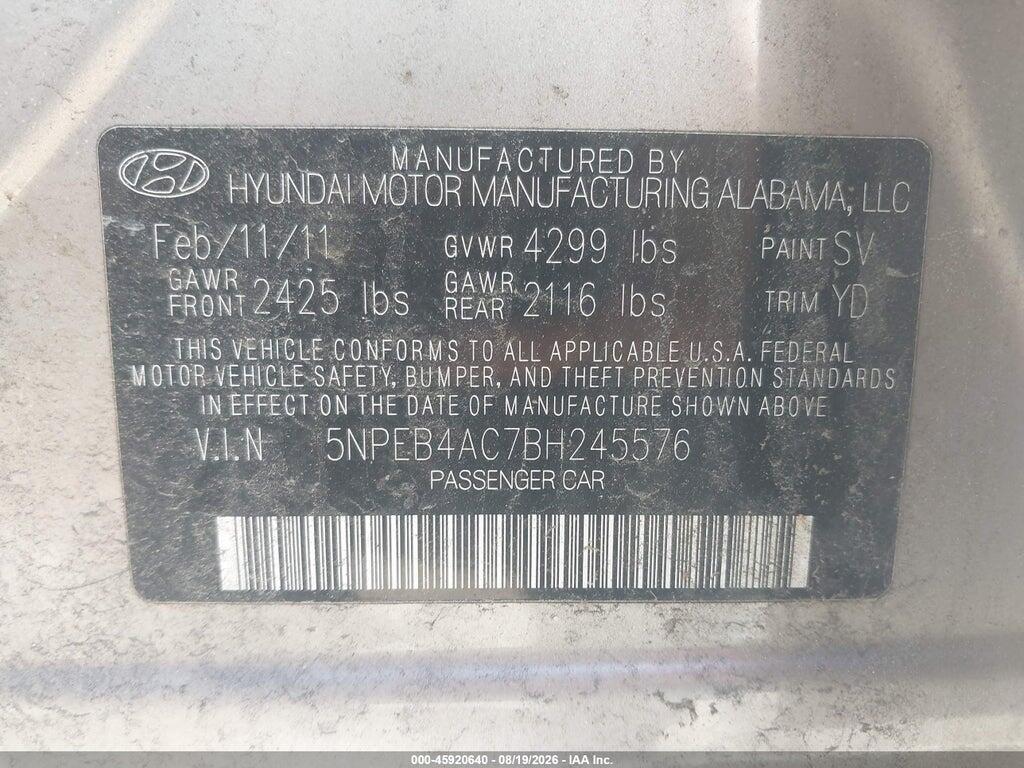 5NPEB4AC7BH245576 2011 HYUNDAI SONATA photo no. 9