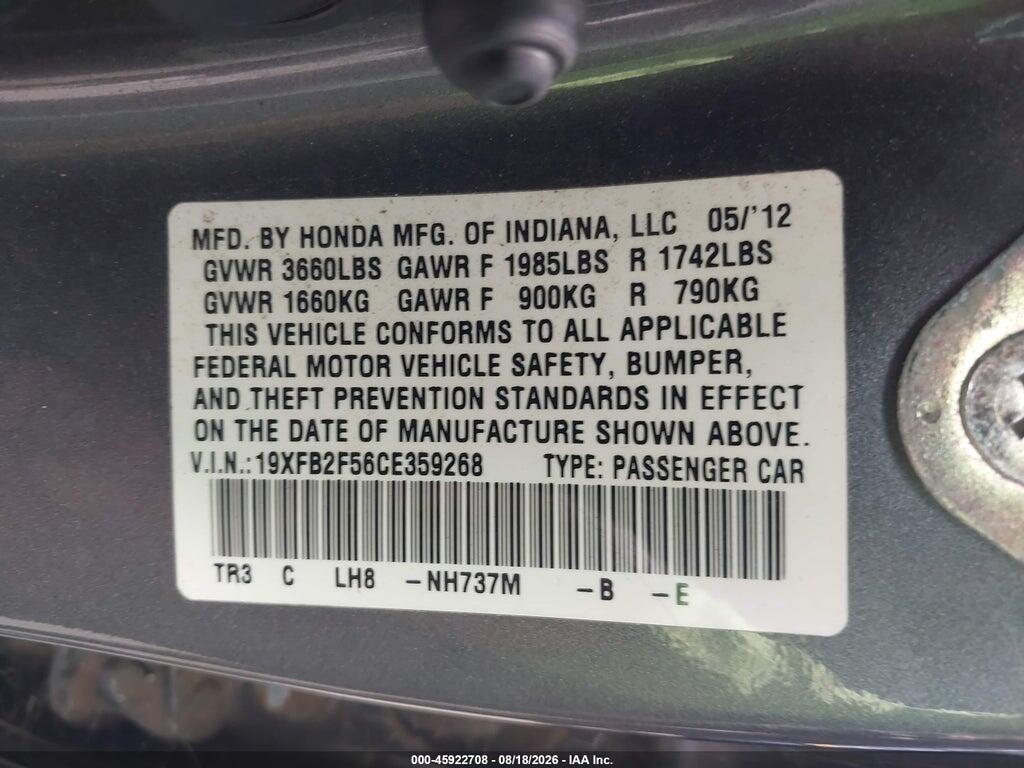 19XFB2F56CE359268 2012 HONDA CIVIC photo no. 9
