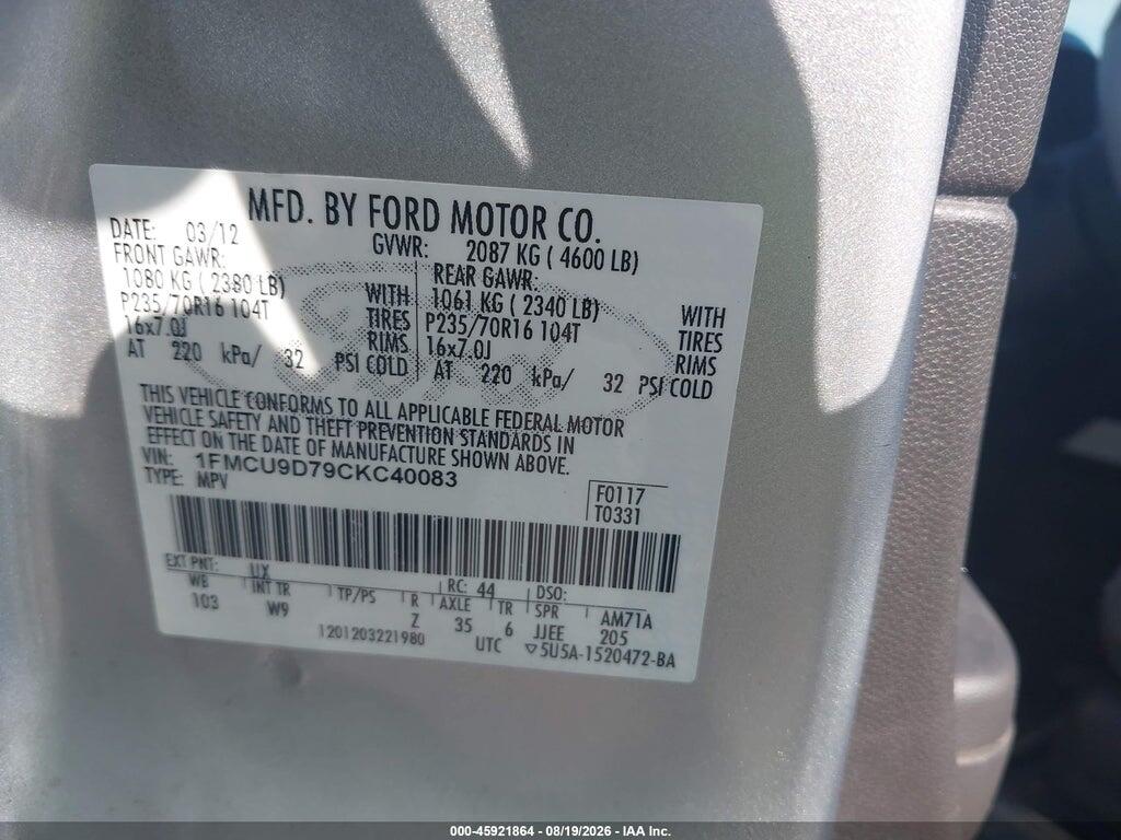1FMCU9D79CKC40083 2012 FORD ESCAPE photo no. 9