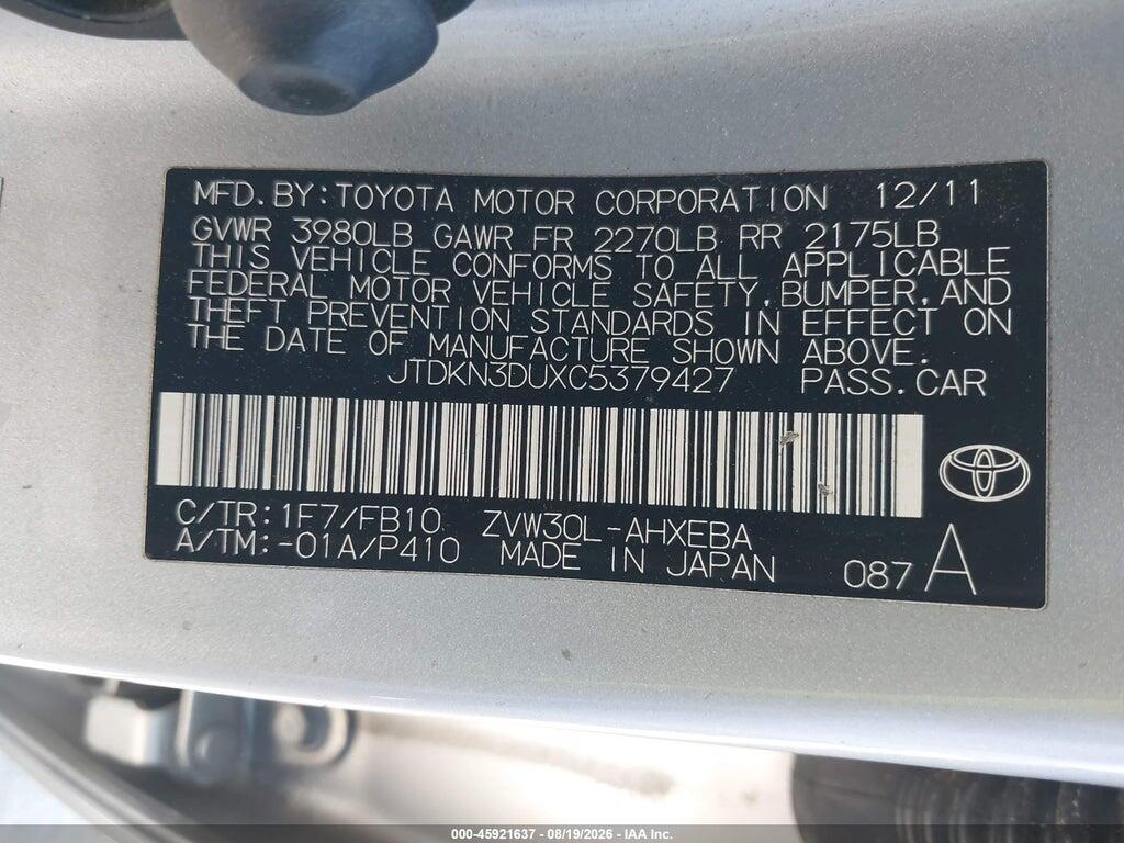 JTDKN3DUXC5379427 2012 TOYOTA PRIUS photo no. 9