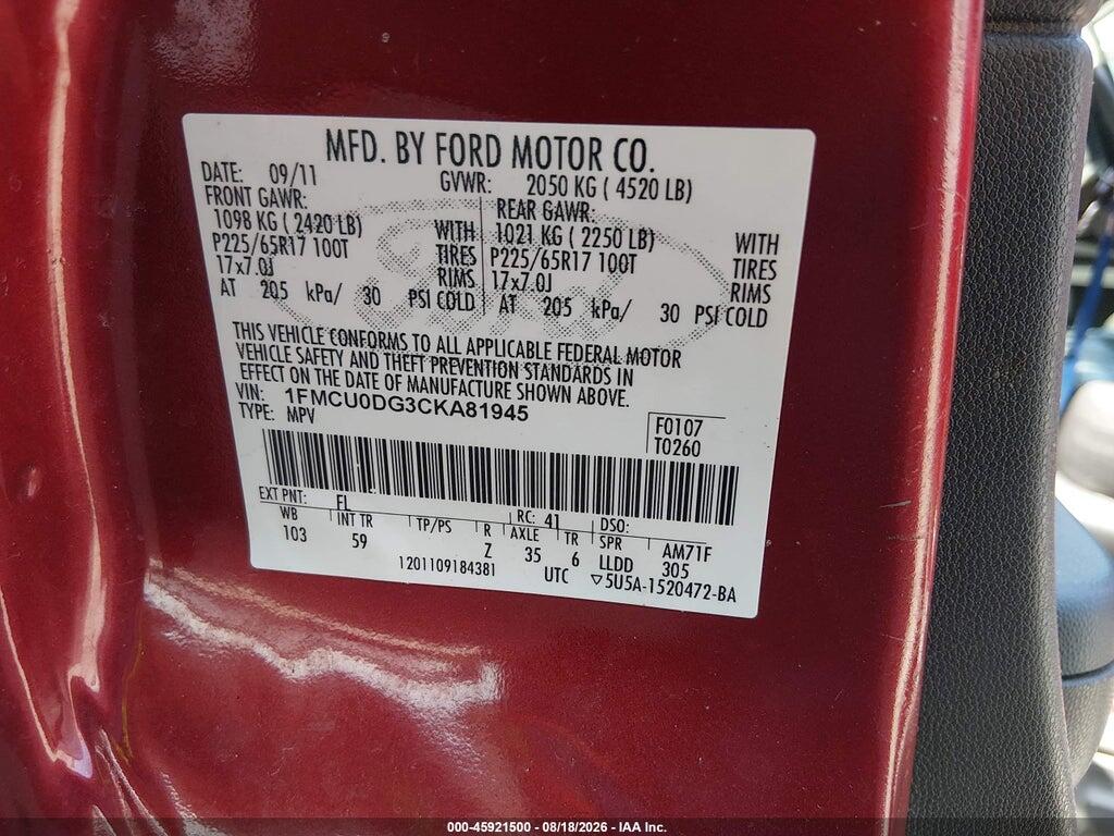 1FMCU0DG3CKA81945 2012 FORD ESCAPE photo no. 9