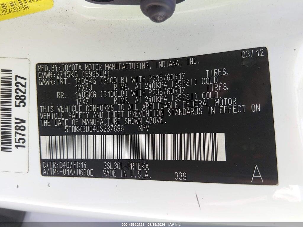 5TDKK3DC4CS237696 2012 TOYOTA SIENNA photo no. 9