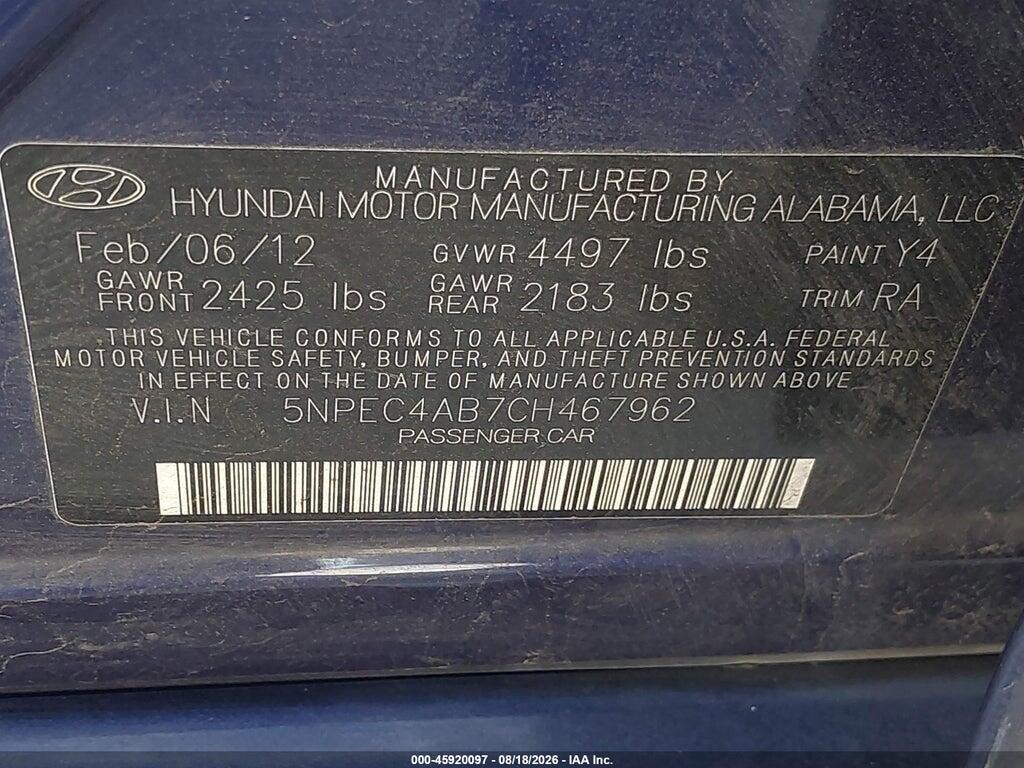 5NPEC4AB7CH467962 2012 HYUNDAI SONATA photo no. 9