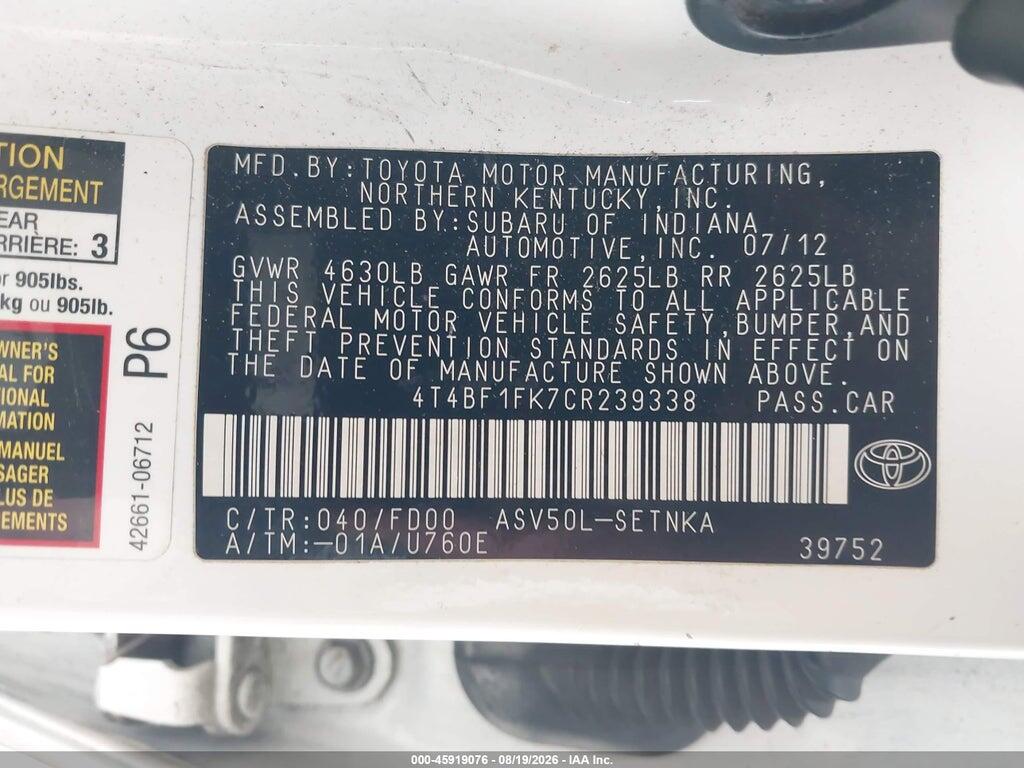 4T4BF1FK7CR239338 2012 TOYOTA CAMRY photo no. 9