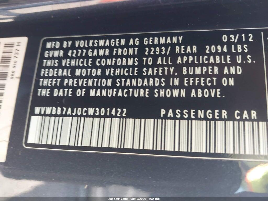 WVWBB7AJ0CW301422 2012 VOLKSWAGEN GOLF photo no. 9
