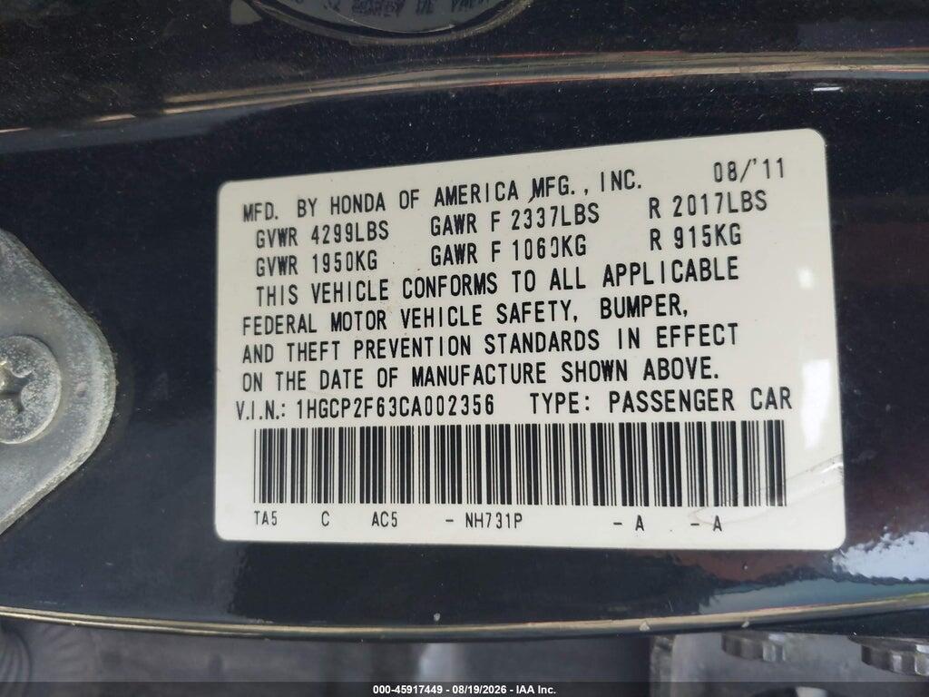 1HGCP2F63CA002356 2012 HONDA ACCORD photo no. 9