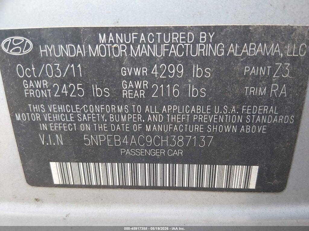 5NPEB4AC9CH387137 2012 HYUNDAI SONATA photo no. 9
