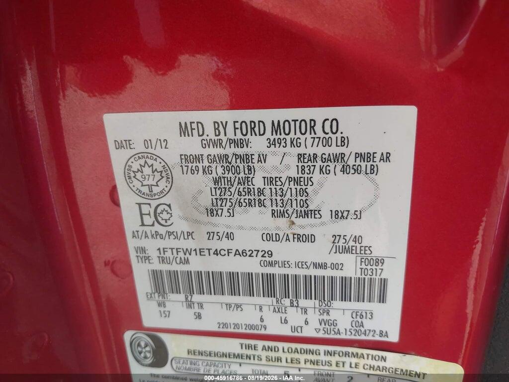 1FTFW1ET4CFA62729 2012 FORD F-150 photo no. 9