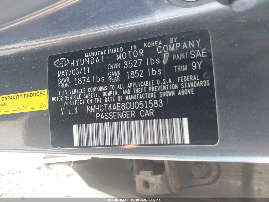 KMHCT4AE8CU051583 2012 HYUNDAI ACCENT photo no. 9