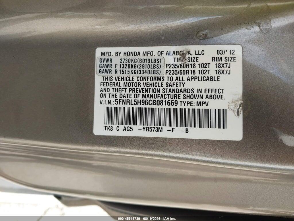 5FNRL5H96CB081669 2012 HONDA ODYSSEY photo no. 9
