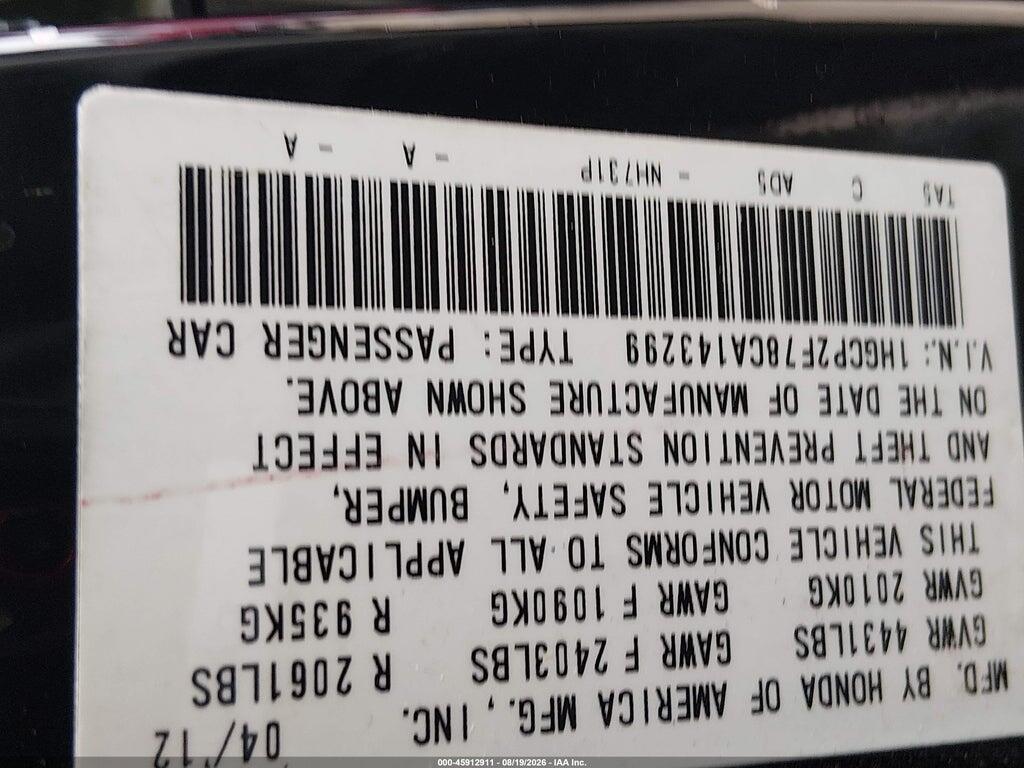 1HGCP2F78CA143299 2012 HONDA ACCORD photo no. 9