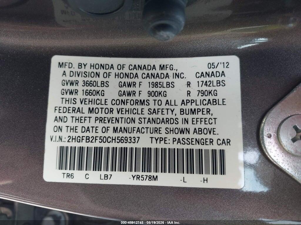 2HGFB2F50CH569337 2012 HONDA CIVIC photo no. 9