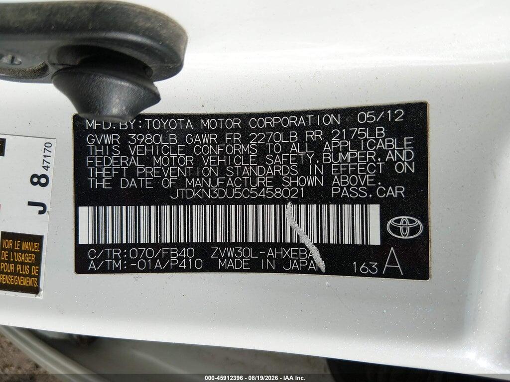 JTDKN3DU5C5458021 2012 TOYOTA PRIUS photo no. 9