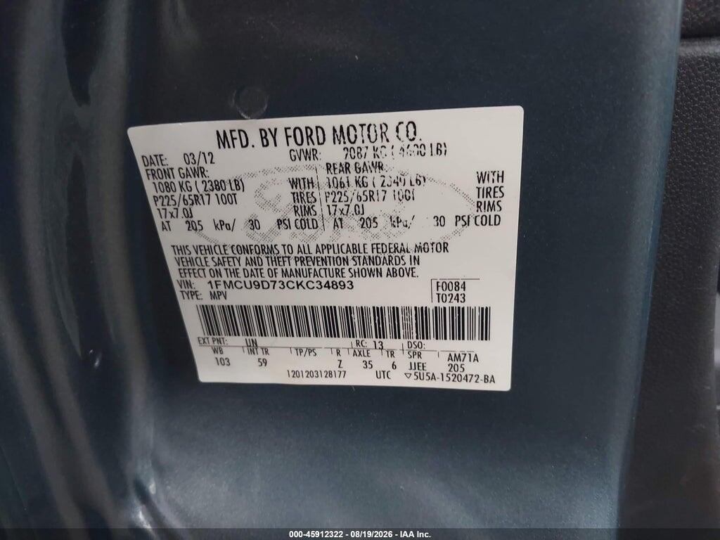 1FMCU9D73CKC34893 2012 FORD ESCAPE photo no. 9