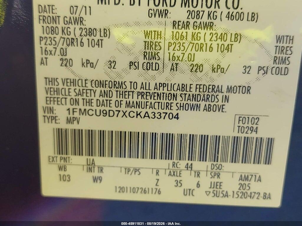 1FMCU9D7XCKA33704 2012 FORD ESCAPE photo no. 9