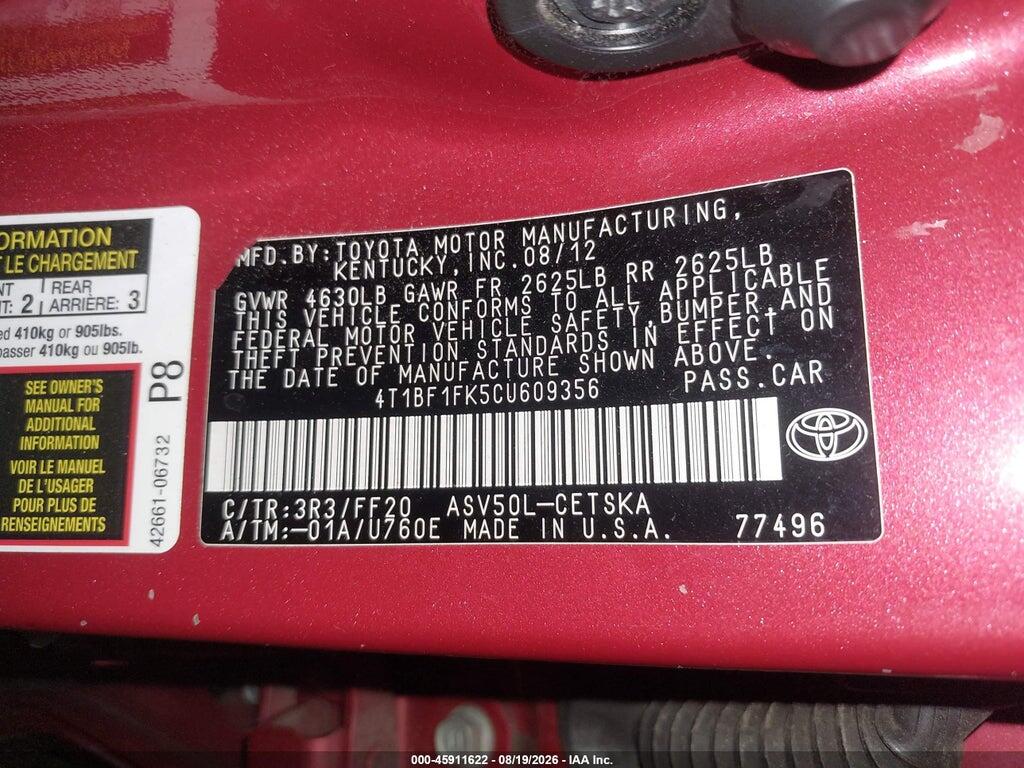 4T1BF1FK5CU609356 2012 TOYOTA CAMRY photo no. 9