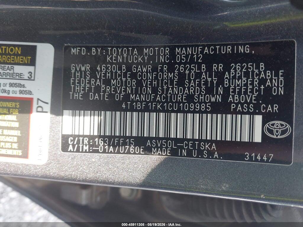 4T1BF1FK1CU109985 2012 TOYOTA CAMRY photo no. 9