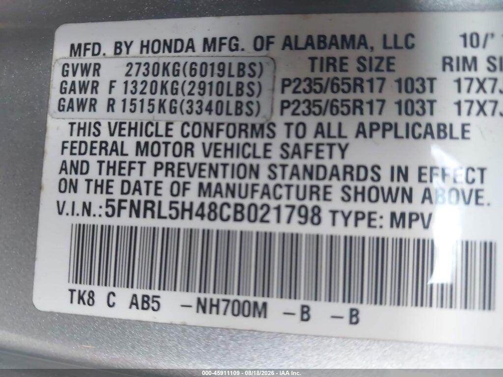 5FNRL5H48CB021798 2012 HONDA ODYSSEY photo no. 9