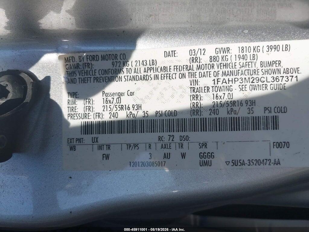 1FAHP3M29CL367371 2012 FORD FOCUS photo no. 9