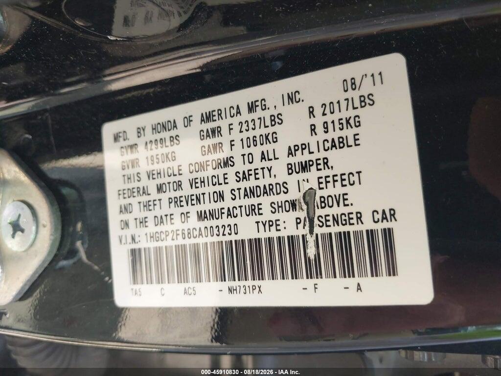 1HGCP2F68CA003230 2012 HONDA ACCORD photo no. 9