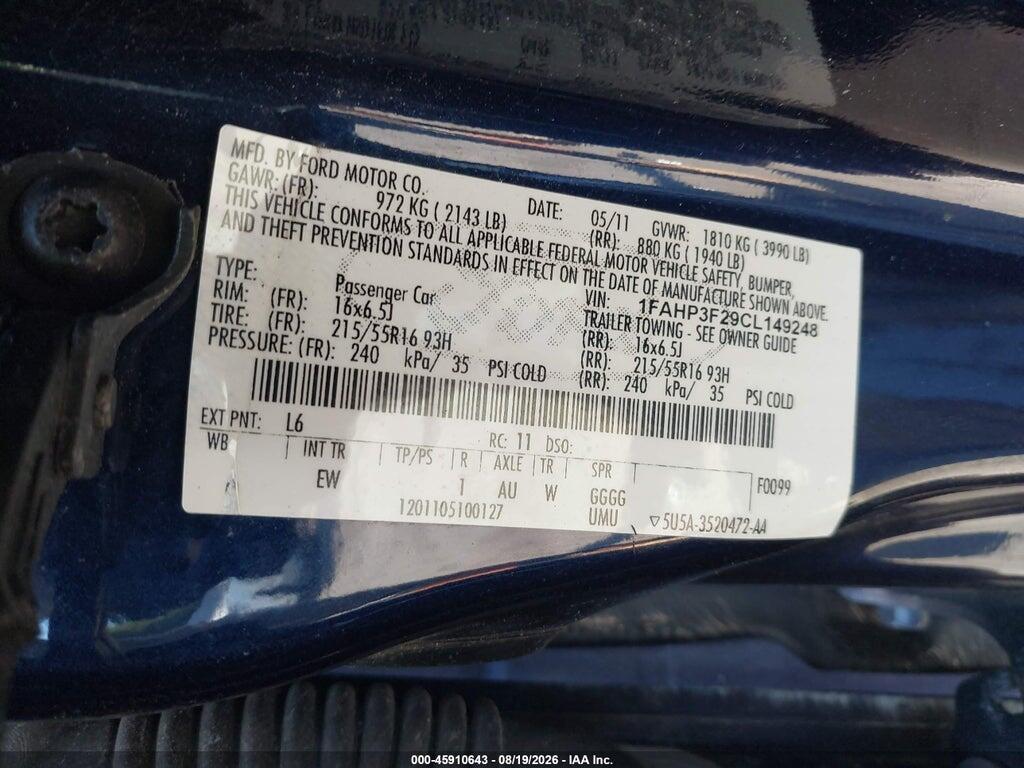 1FAHP3F29CL149248 2012 FORD FOCUS photo no. 9
