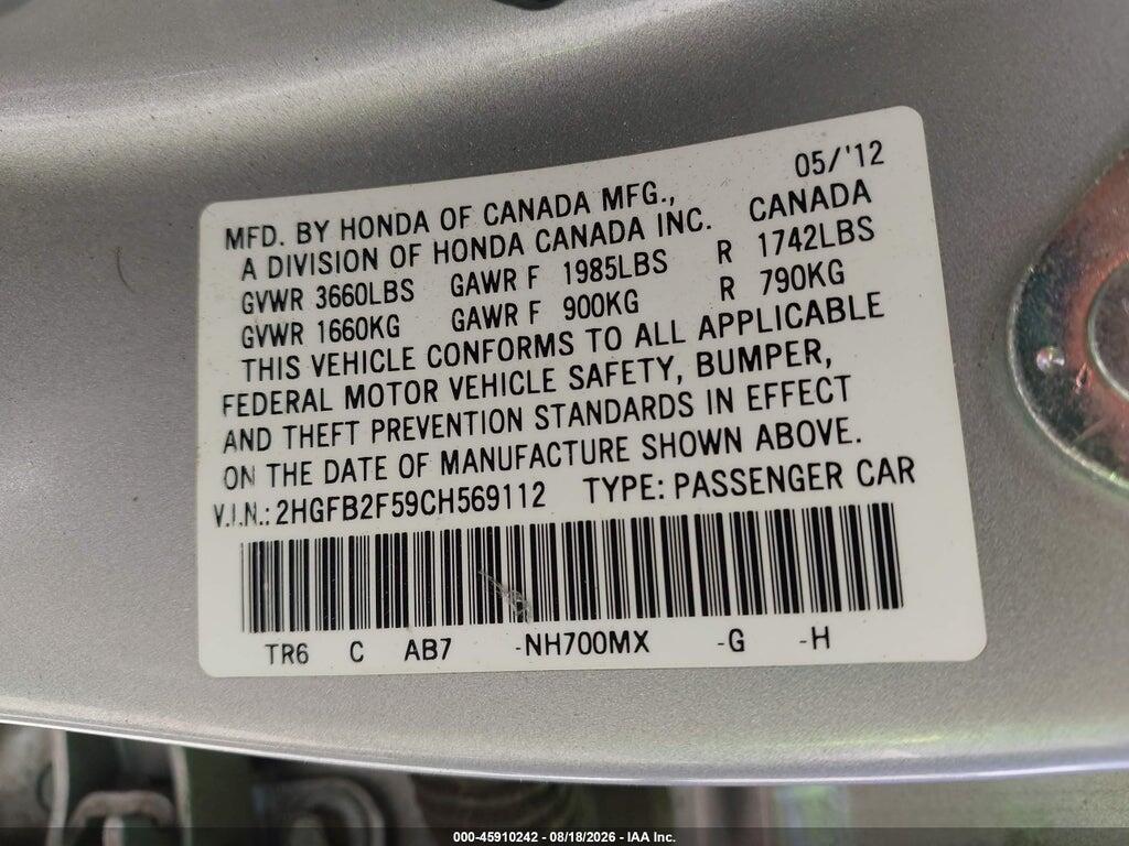 2HGFB2F59CH569112 2012 HONDA CIVIC photo no. 9