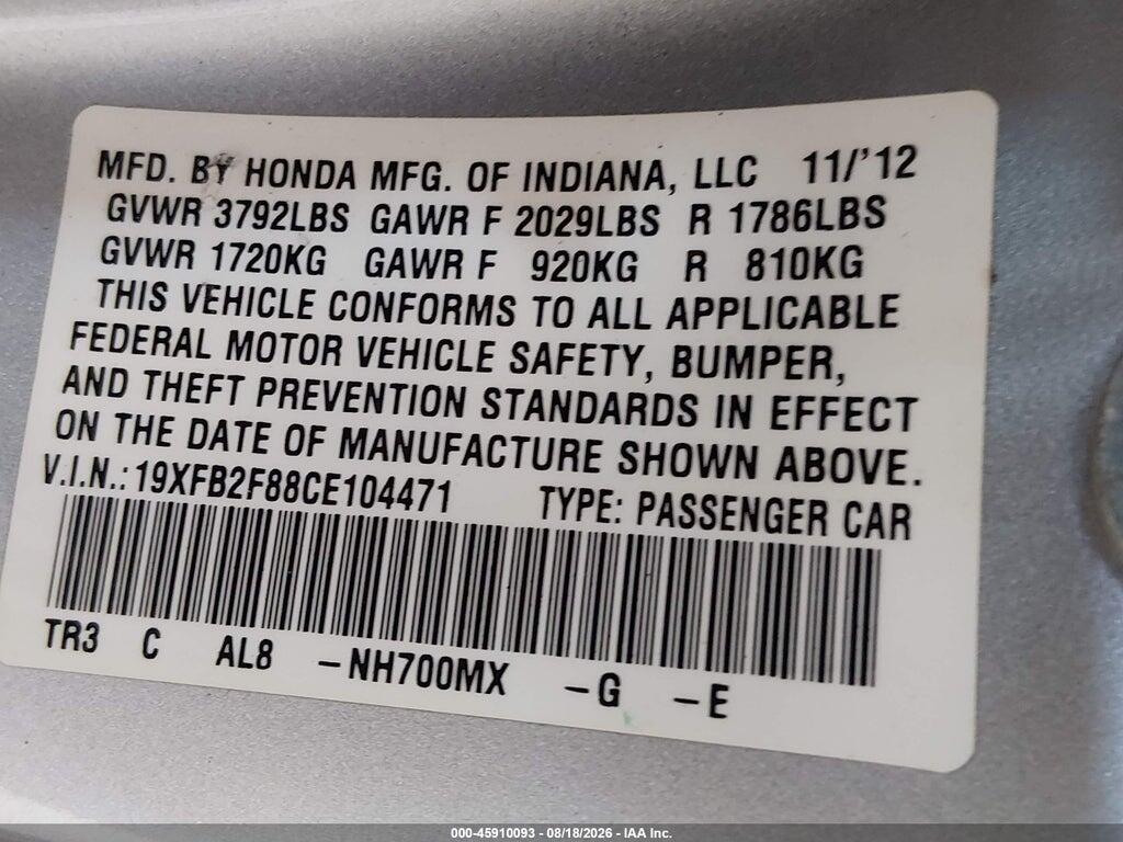 19XFB2F88CE104471 2012 HONDA CIVIC photo no. 9