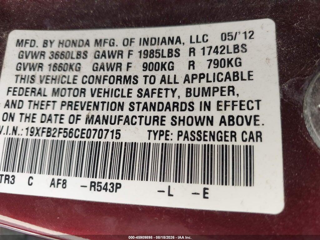 19XFB2F56CE070715 2012 HONDA CIVIC photo no. 9