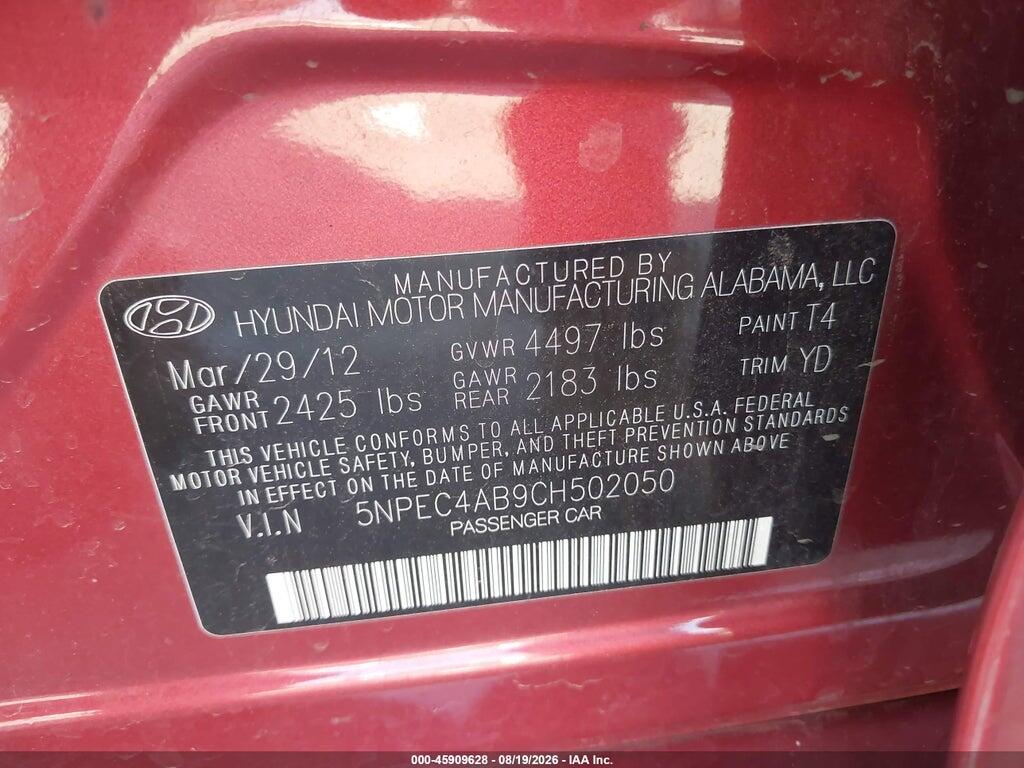 5NPET4AB9CH502050 2012 HYUNDAI SONATA photo no. 9