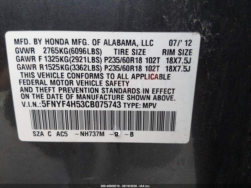 5FNYF4H53CB075743 2012 HONDA PILOT photo no. 9