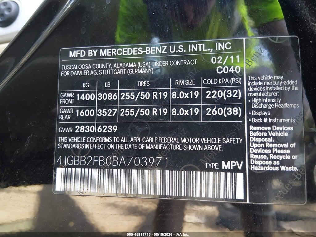 4JGBB2FB0BA703971 2011 MERCEDES-BENZ ML 350 BLUETEC photo no. 9